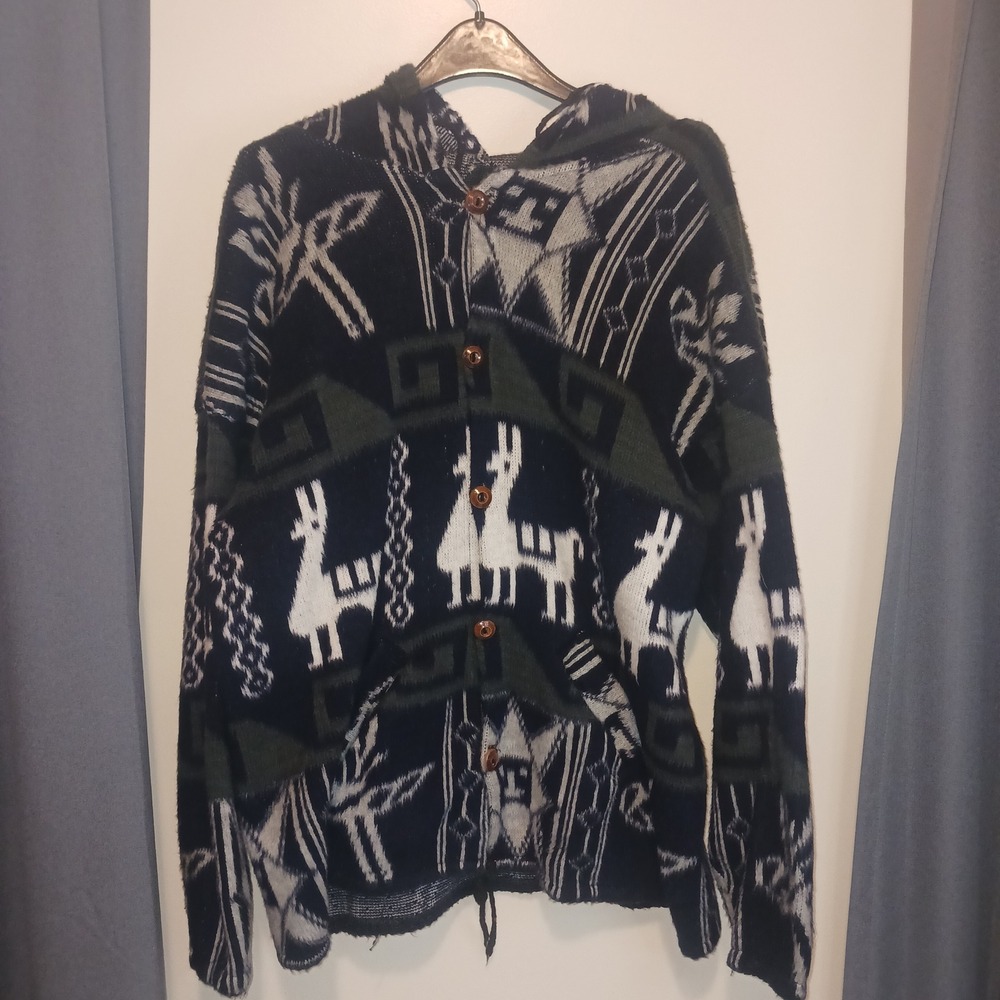 Vintage Peruvian Tejidos Ruminahui Llama Knit Hooded Cardigan Sweater Mens Large